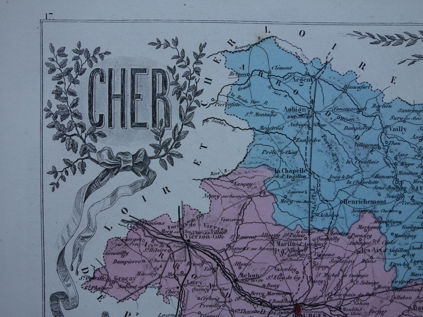 Vintage kaart van Cher departement in Frankrijk uit 1876 originele oude antieke landkaart Bourges Vierzon Baugy