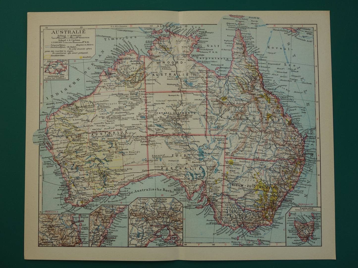Old map of Australia from 1932 original vintage Dutch map Tasmania Brisbane Sydney Melbourne