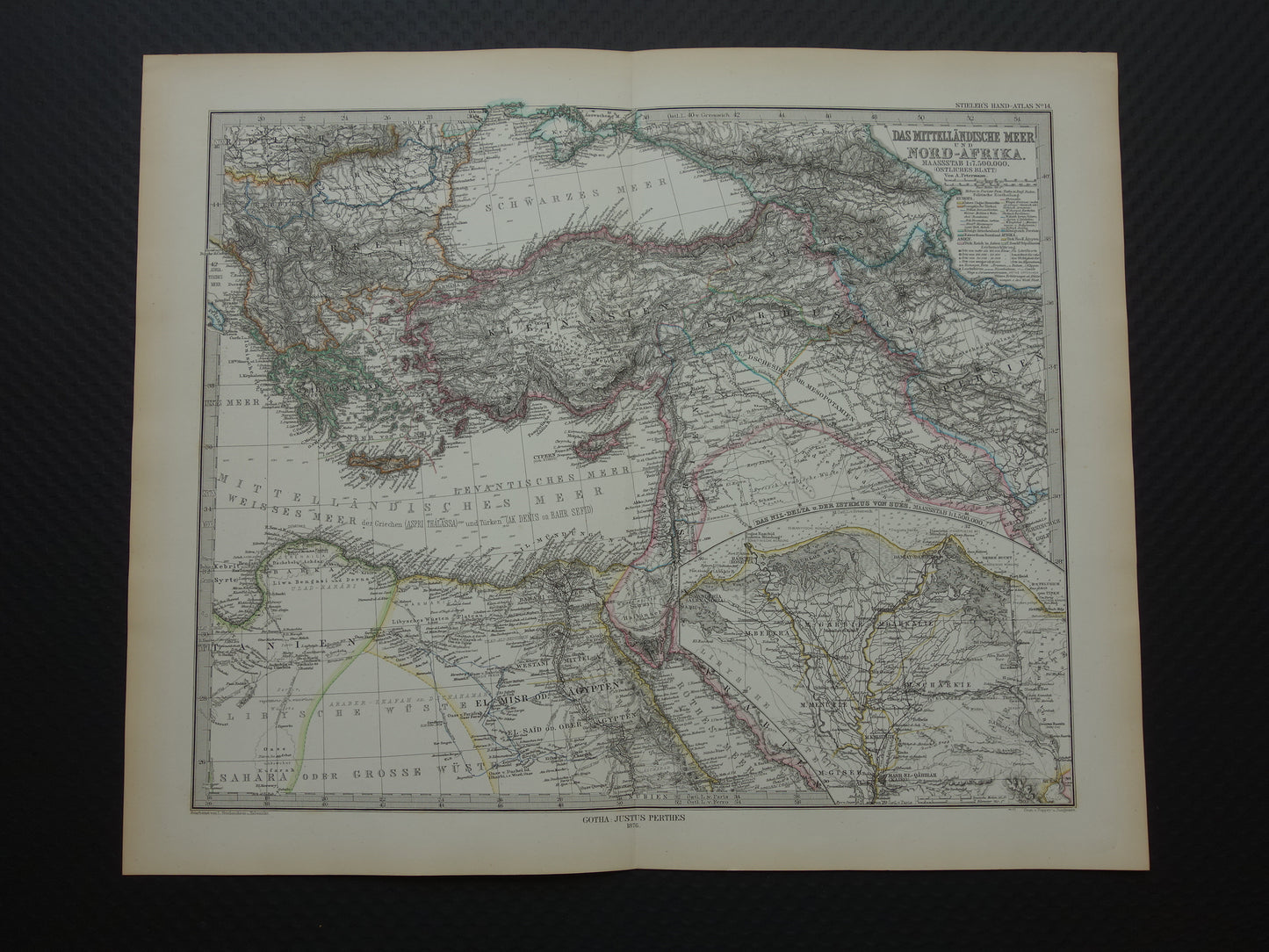 Mediterranean Sea old map of the Mediterranean from 1876 Original antique hand-colored map