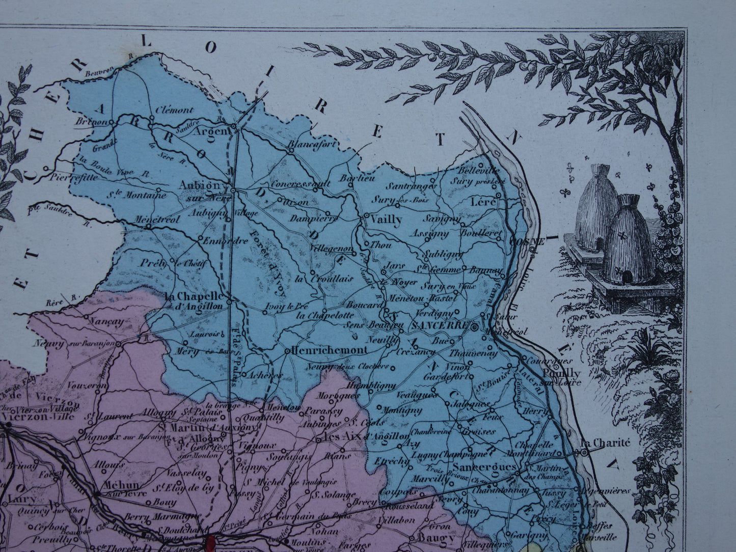 Vintage kaart van Cher departement in Frankrijk uit 1876 originele oude antieke landkaart Bourges Vierzon Baugy