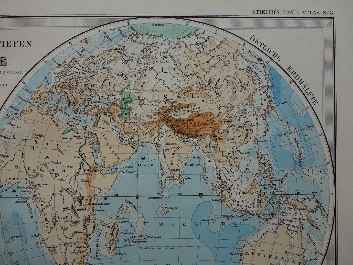 World map old German elevation map from 1879 Original antique map with date