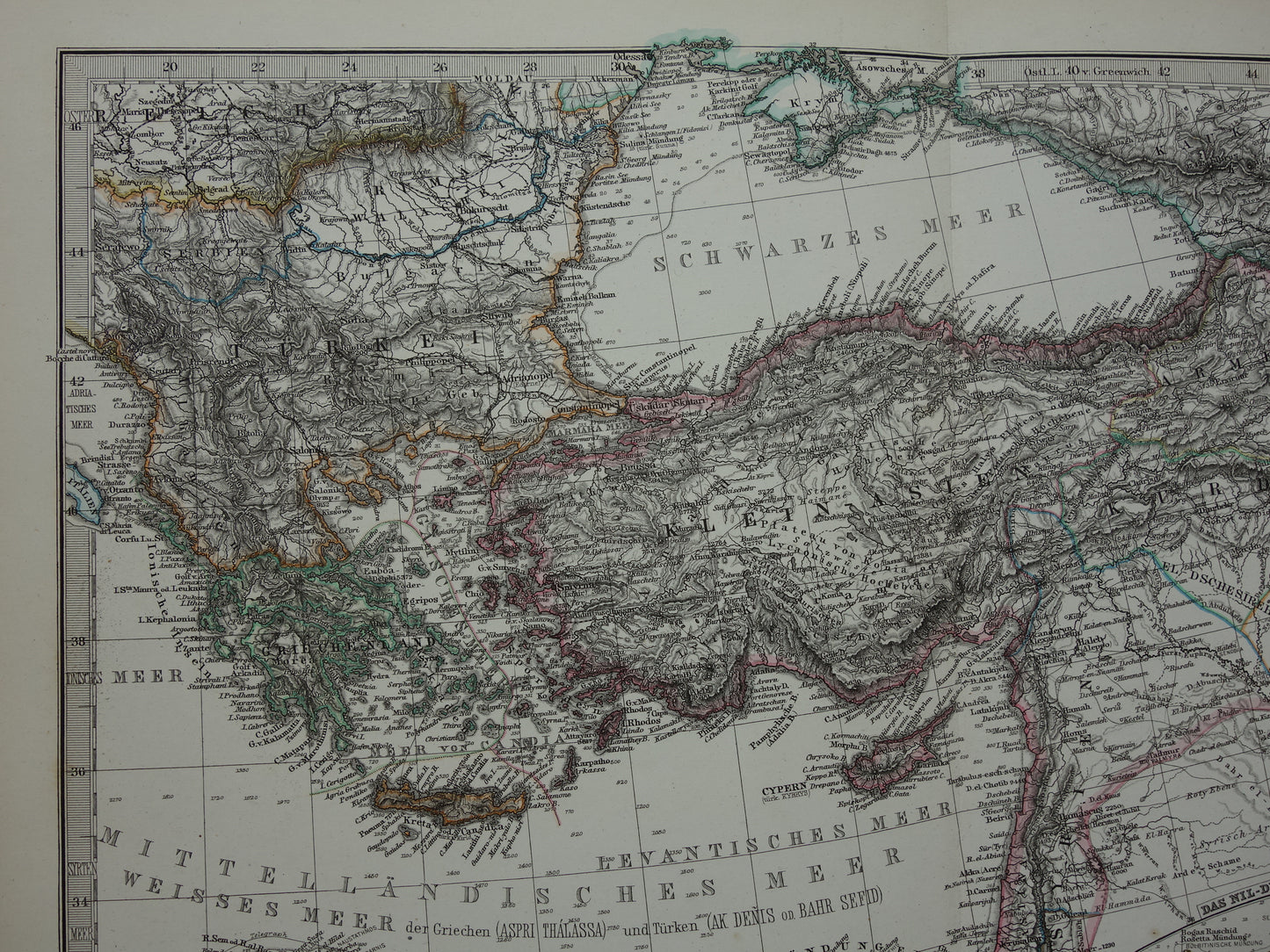 Mediterranean Sea old map of the Mediterranean from 1876 Original antique hand-colored map