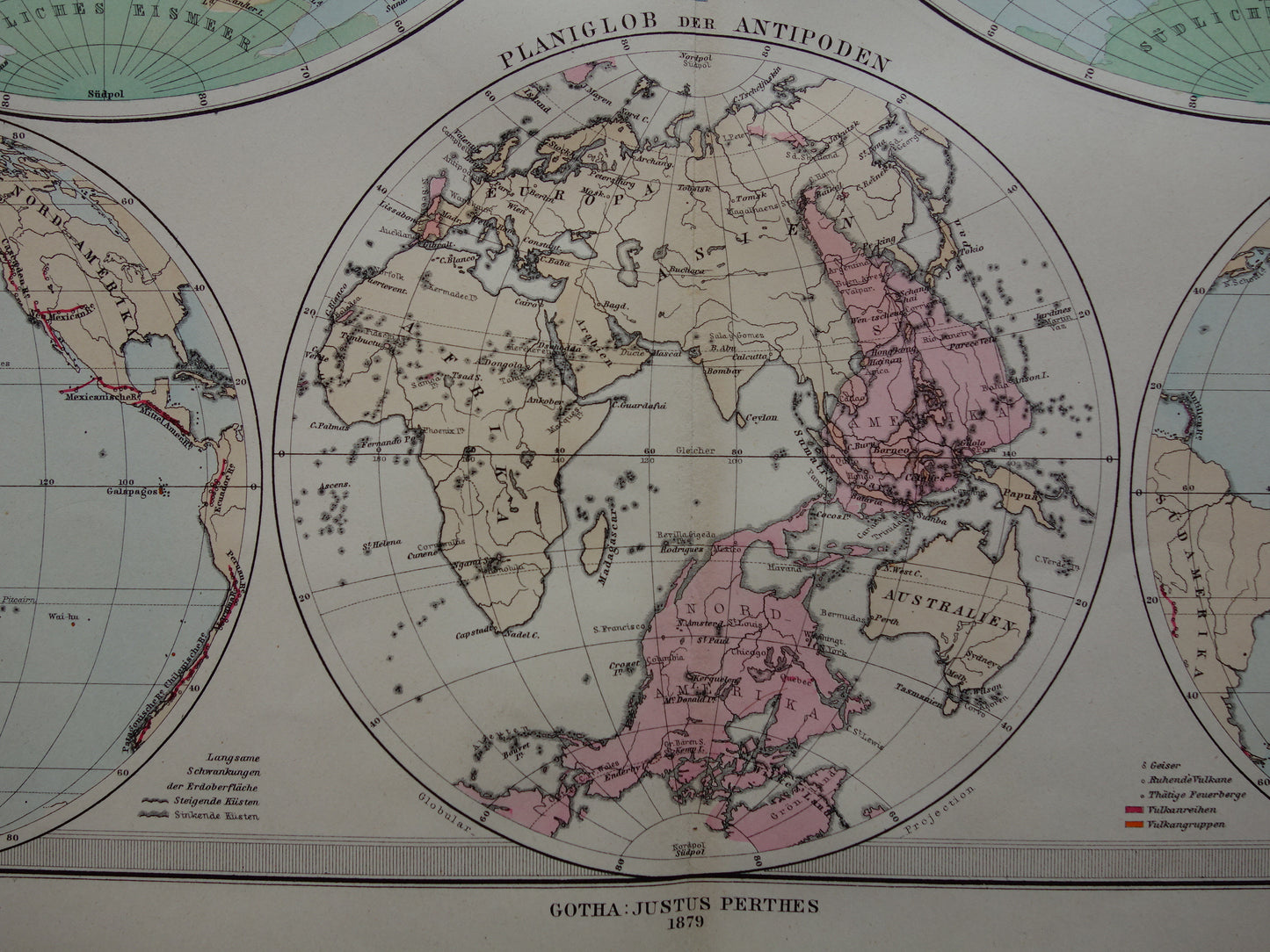 World map old German elevation map from 1879 Original antique map with date