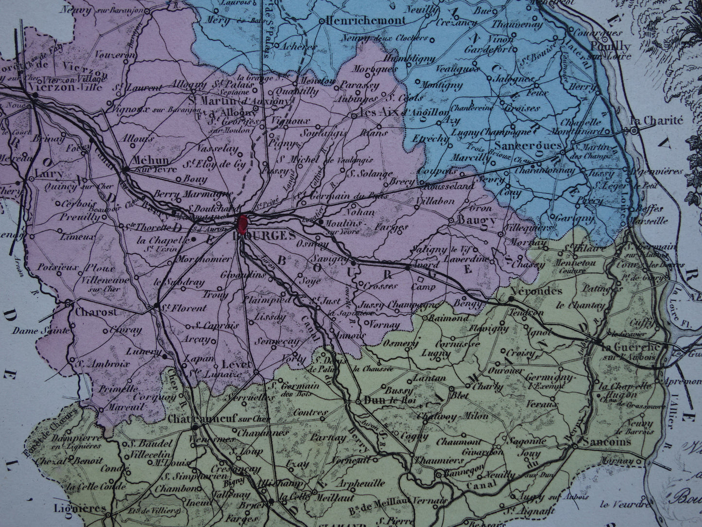 Vintage kaart van Cher departement in Frankrijk uit 1876 originele oude antieke landkaart Bourges Vierzon Baugy