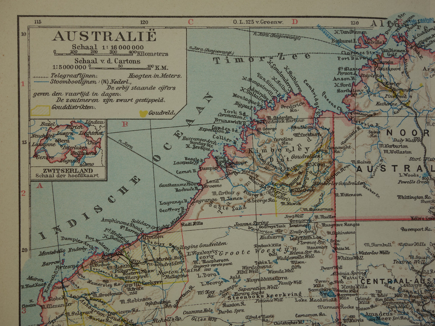 Old map of Australia from 1932 original vintage Dutch map Tasmania Brisbane Sydney Melbourne