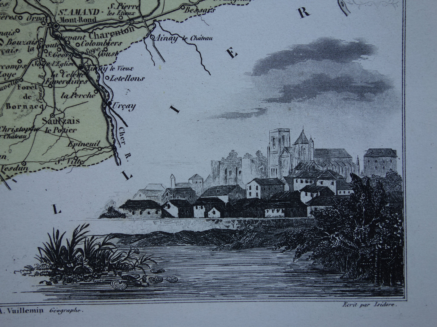 Vintage kaart van Cher departement in Frankrijk uit 1876 originele oude antieke landkaart Bourges Vierzon Baugy