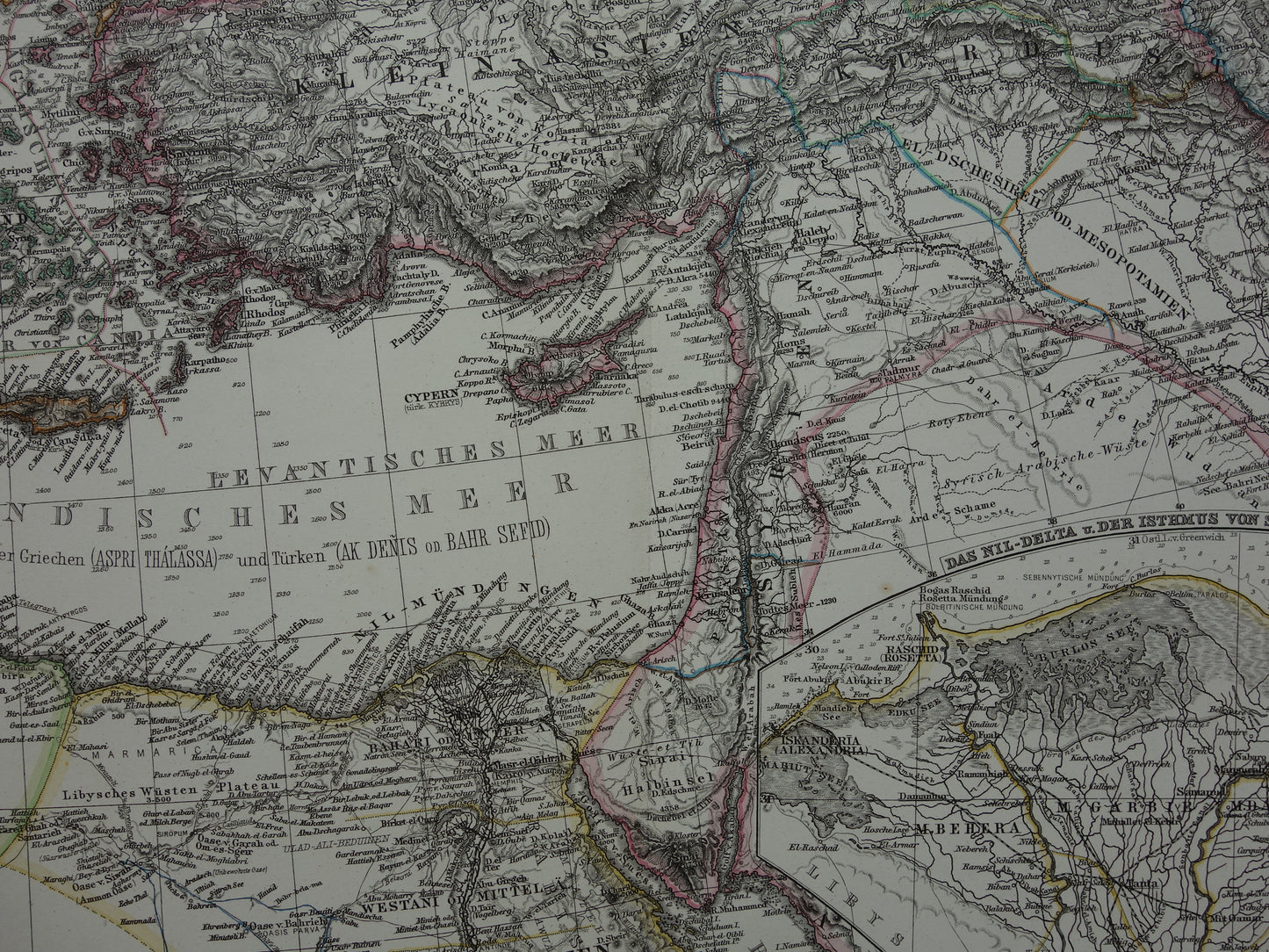 Mediterranean Sea old map of the Mediterranean from 1876 Original antique hand-colored map