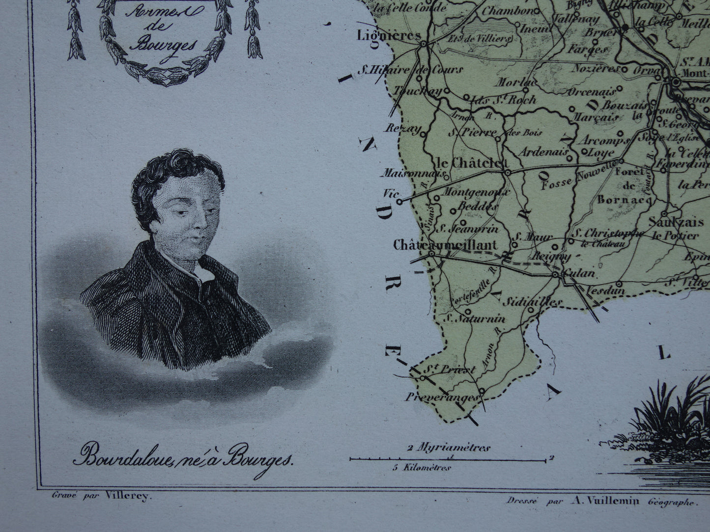 Vintage kaart van Cher departement in Frankrijk uit 1876 originele oude antieke landkaart Bourges Vierzon Baugy