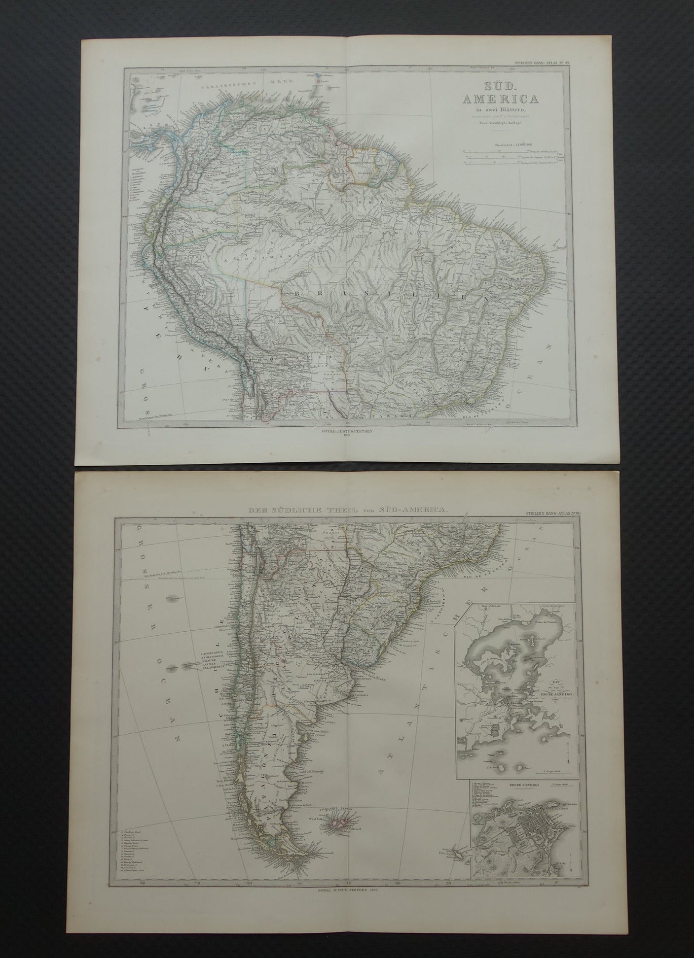 Oude landkaart van Zuid-Amerika in 1876 Originele antieke handgekleurde kaart met jaartal