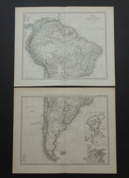 Oude landkaart van Zuid-Amerika in 1876 Originele antieke handgekleurde kaart met jaartal