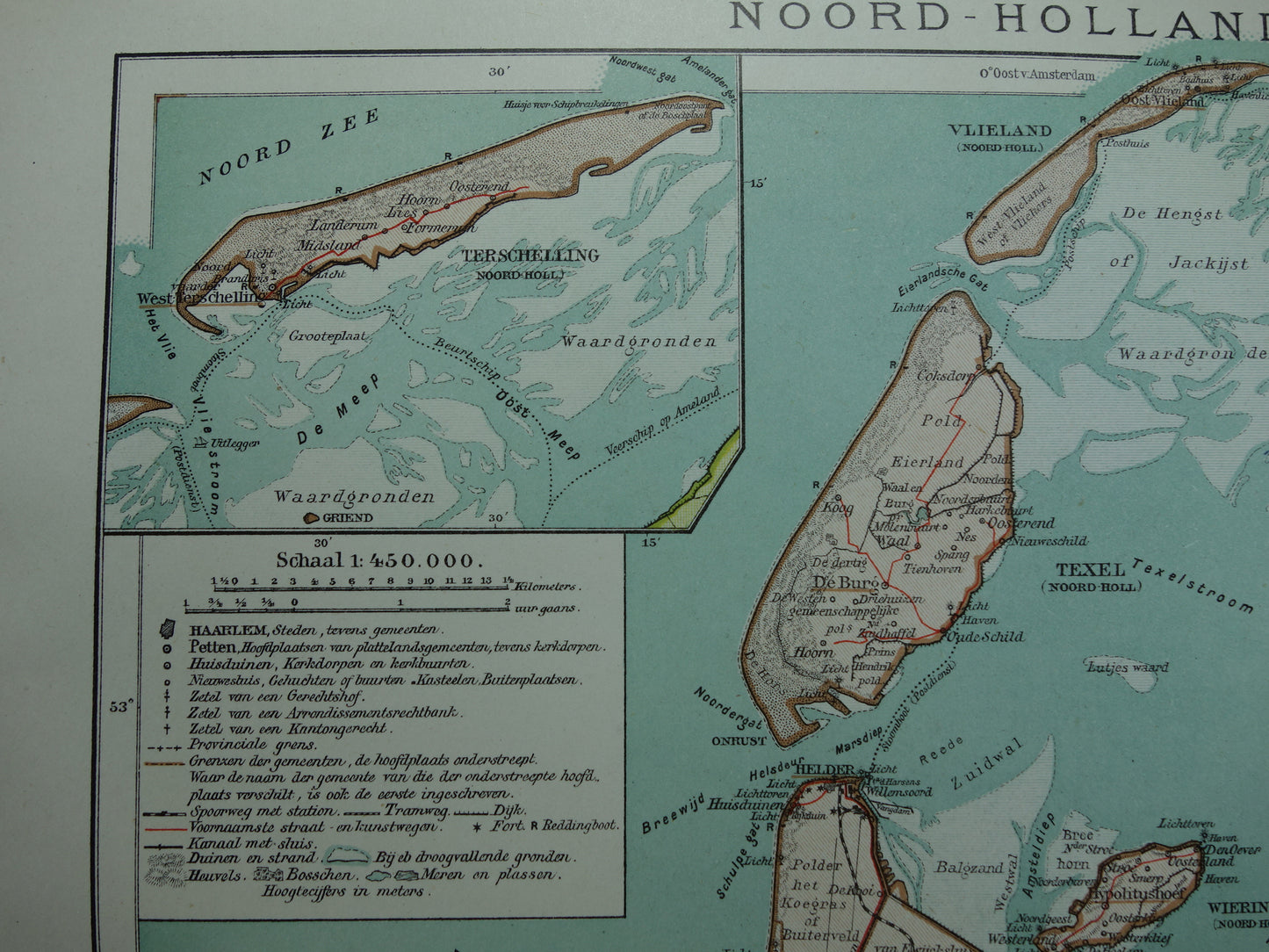 Old map of the province of North Holland from 1920 original vintage antique map Amsterdam Enkhuizen Alkmaar Texel - Dutch maps