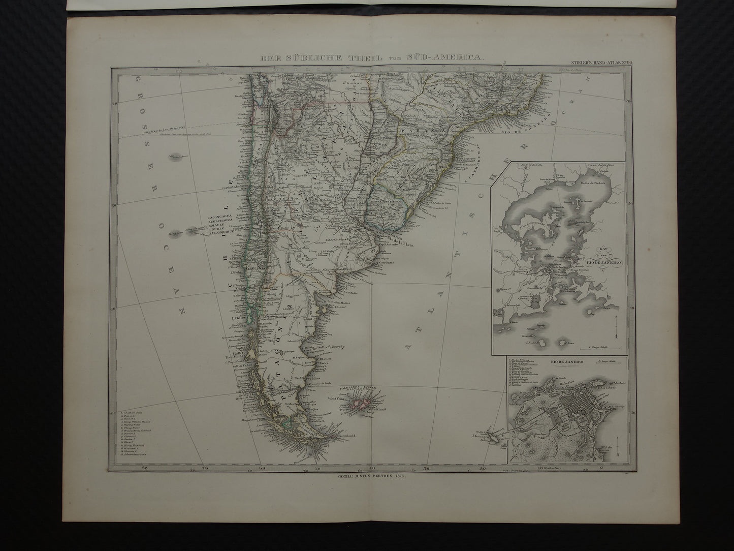 Old map of South America in 1876 Original antique hand-colored map with date