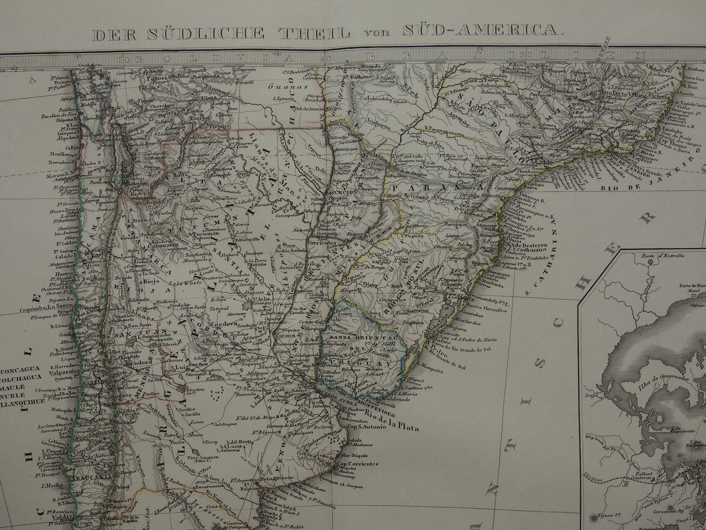 Old map of South America in 1876 Original antique hand-colored map with date