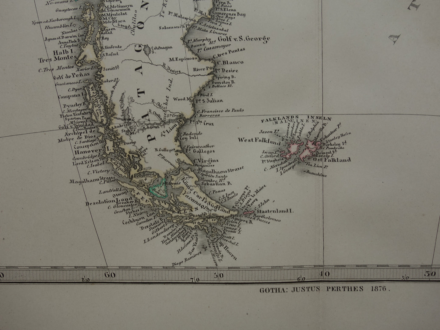 Old map of South America in 1876 Original antique hand-colored map with date