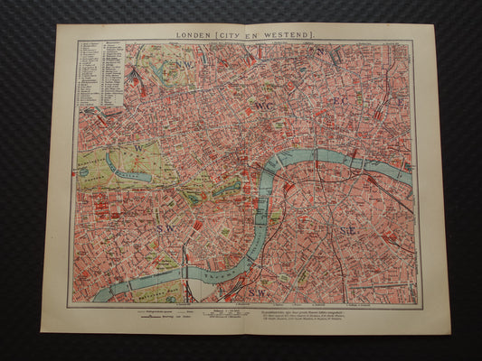 LONDON old map from 1919 original Dutch antique map of central London City Westend