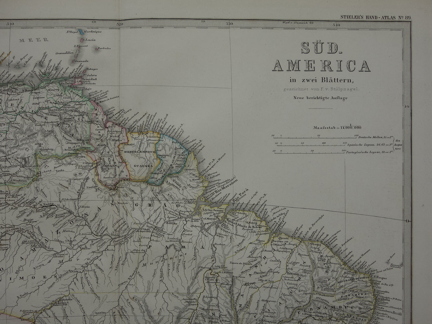 Old map of South America in 1876 Original antique hand-colored map with date