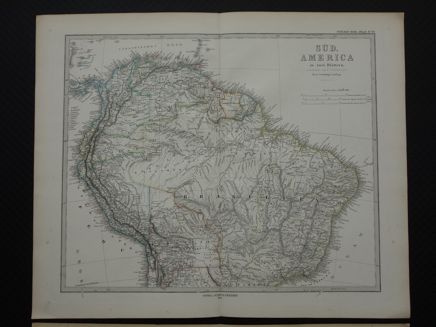 Old map of South America in 1876 Original antique hand-colored map with date