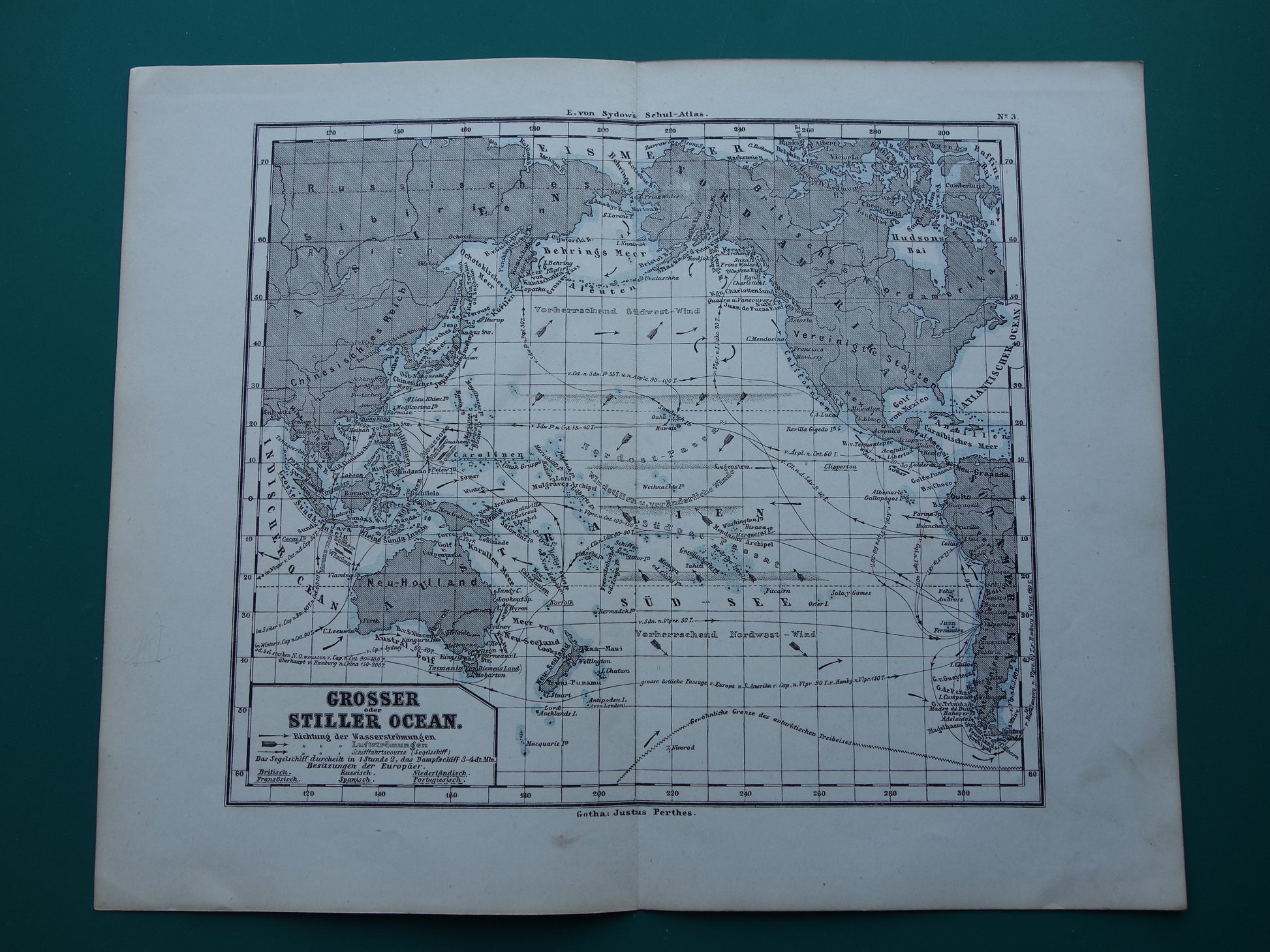 STILLE OCEAAN kaart van de Grote Oceaan Pacific Originele 150+ jaar oude antieke Duitse landkaart zeekaart