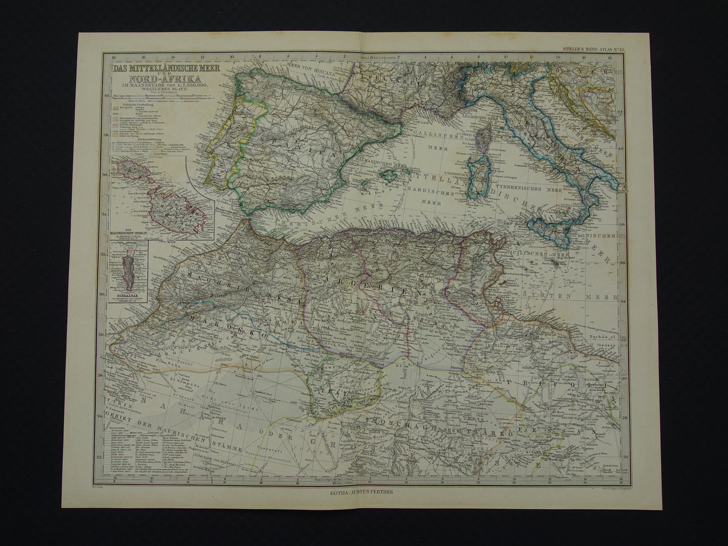 Mediterranean Sea antique map of Mediterranée from 1886 Original 135+ year old hand colored map Italy Greece Spain Turkey North Africa poster M. sea area