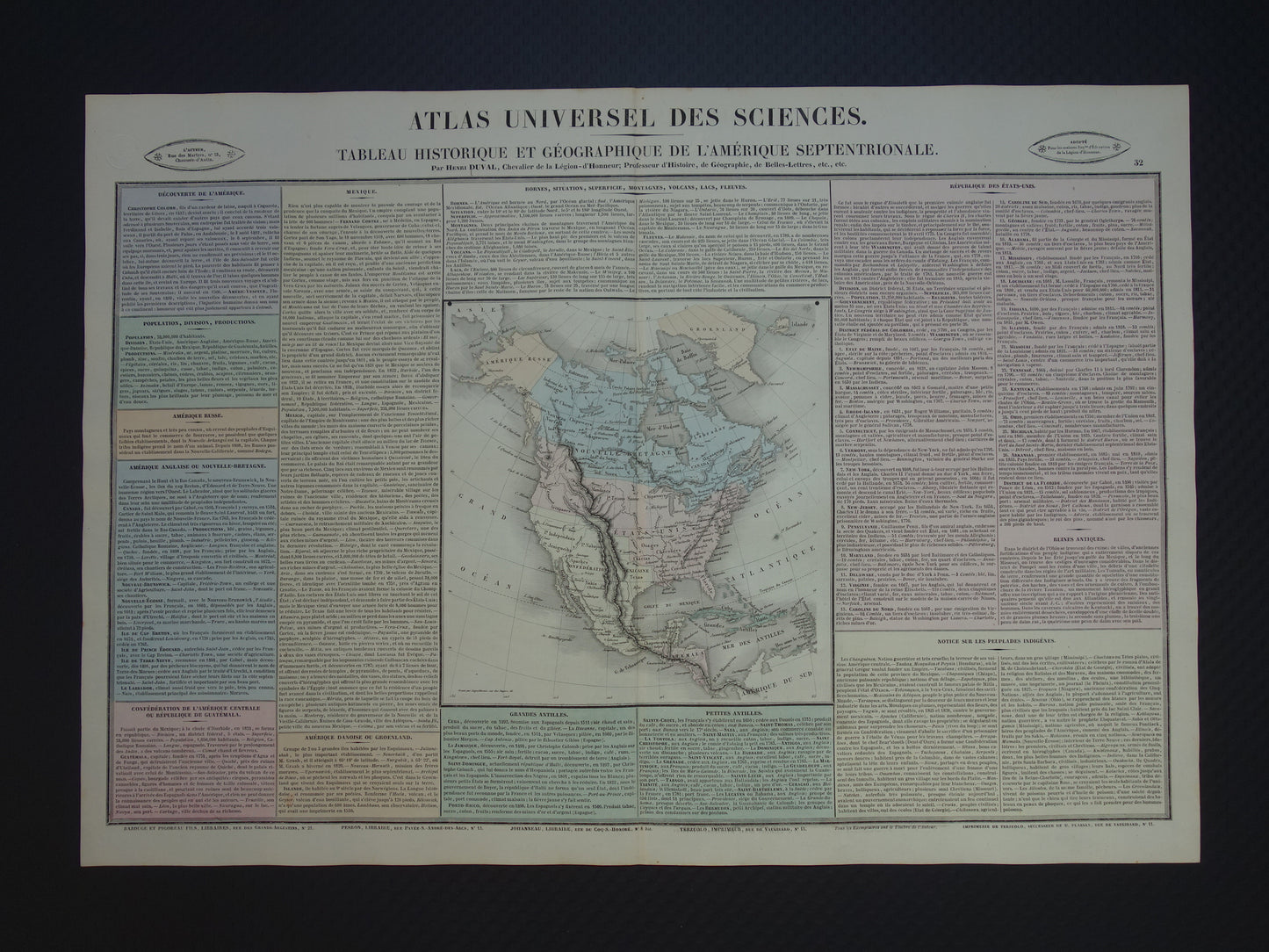North America old map 1837 French antique history map of the USA Canada Mexico