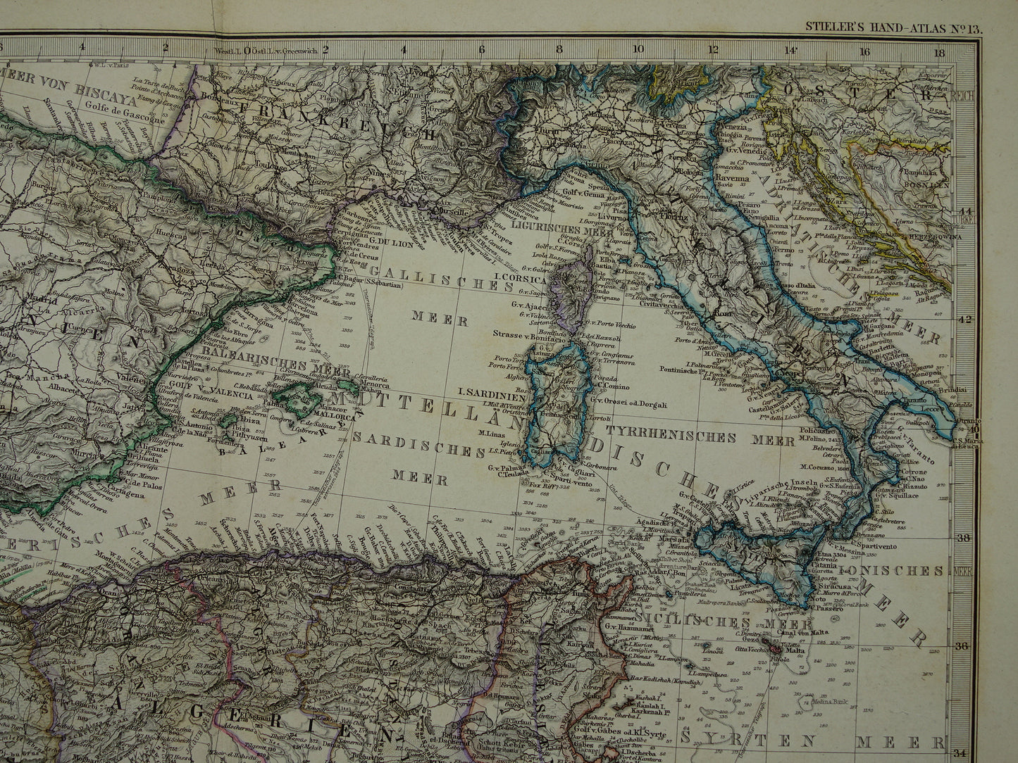 Mediterranean Sea antique map of Mediterranée from 1886 Original 135+ year old hand colored map Italy Greece Spain Turkey North Africa poster M. sea area