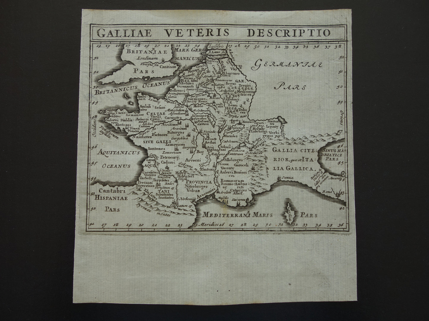 Old small historical map of France Belgium in classical antiquity 1661 original antique map Gaul Limes