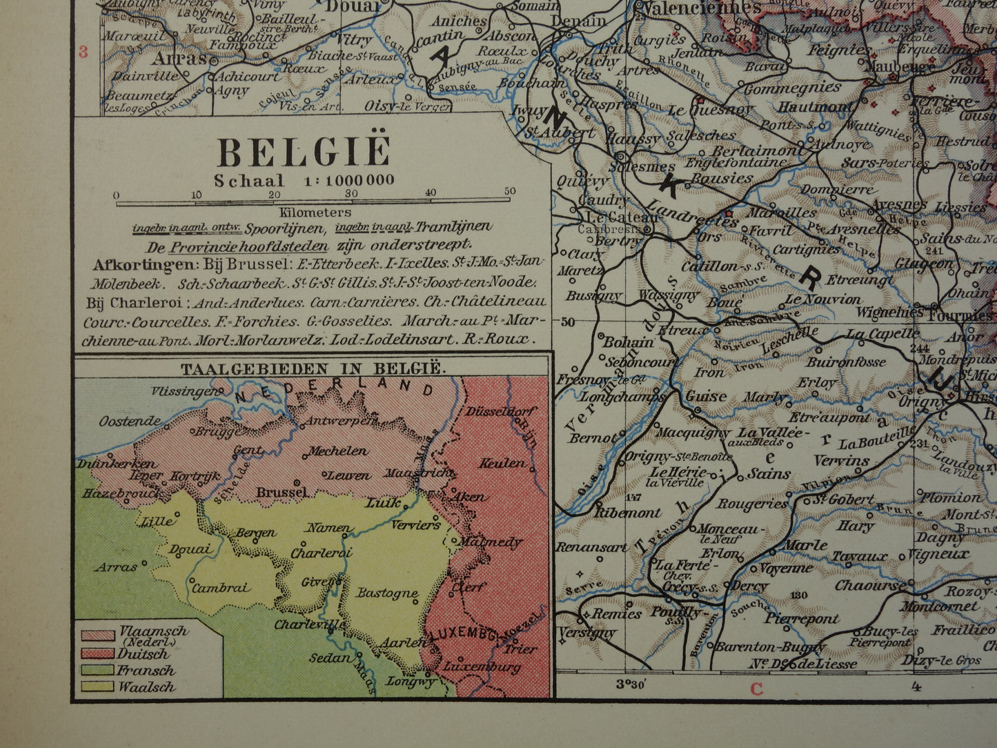 BELGIUM Old map of Belgium from 1932 original vintage Dutch map Language border