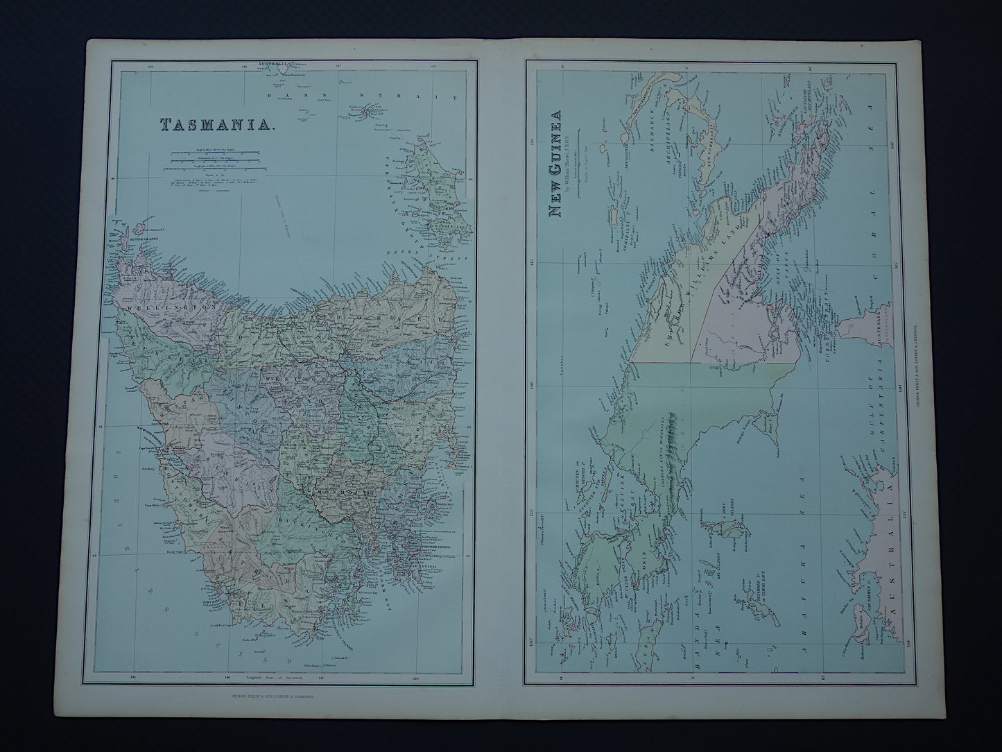 Old map of Tasmania and New Guinea original antique English map