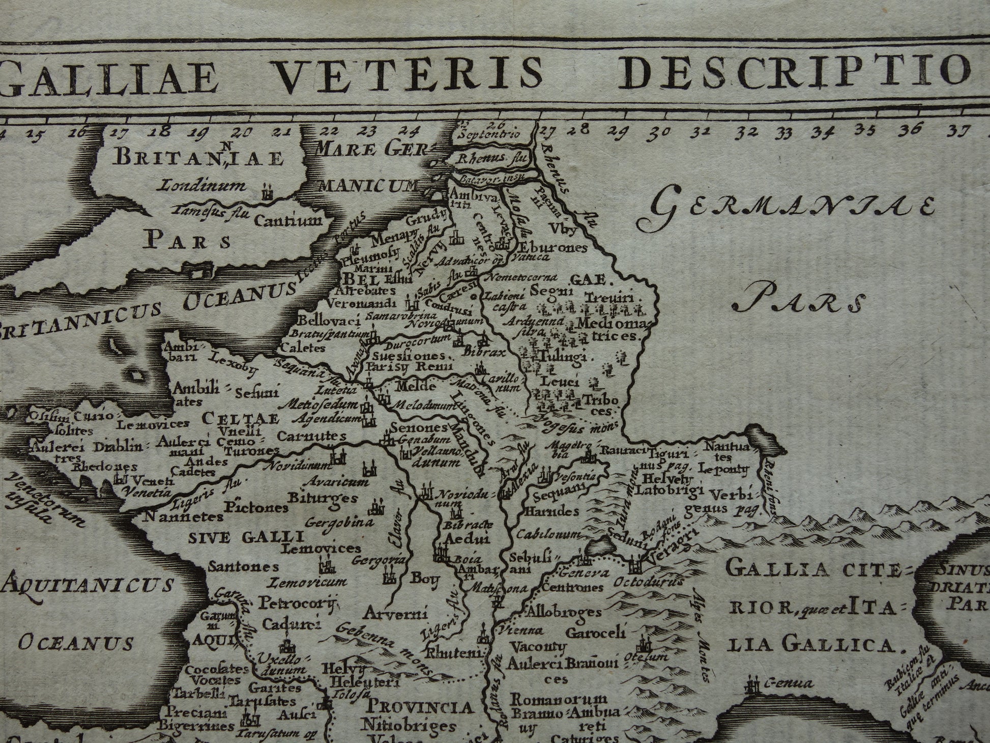 Oude kleine historische landkaart van Frankrijk België in klassieke oudheid 1661 originele antieke kaart Gallië Limes
