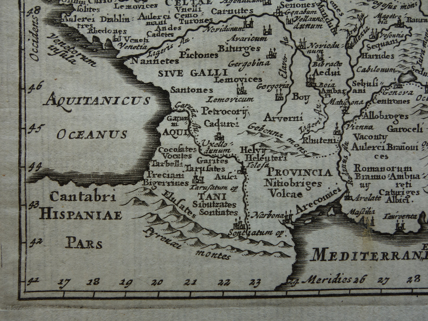 Old small historical map of France Belgium in classical antiquity 1661 original antique map Gaul Limes