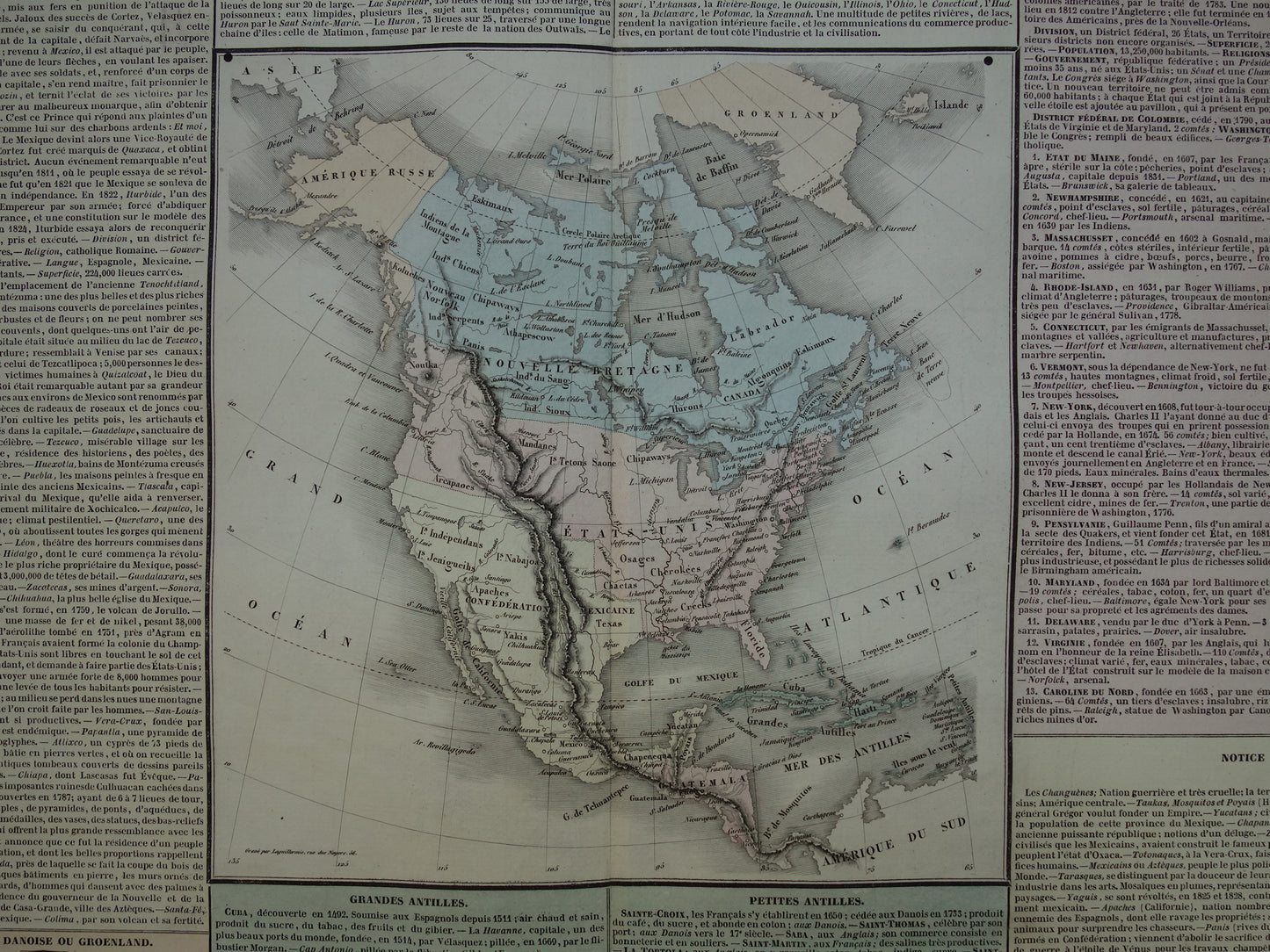 North America old map 1837 French antique history map of the USA Canada Mexico