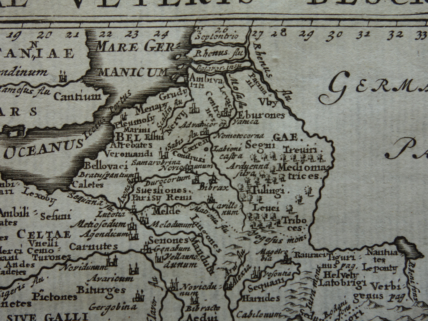 Old small historical map of France Belgium in classical antiquity 1661 original antique map Gaul Limes