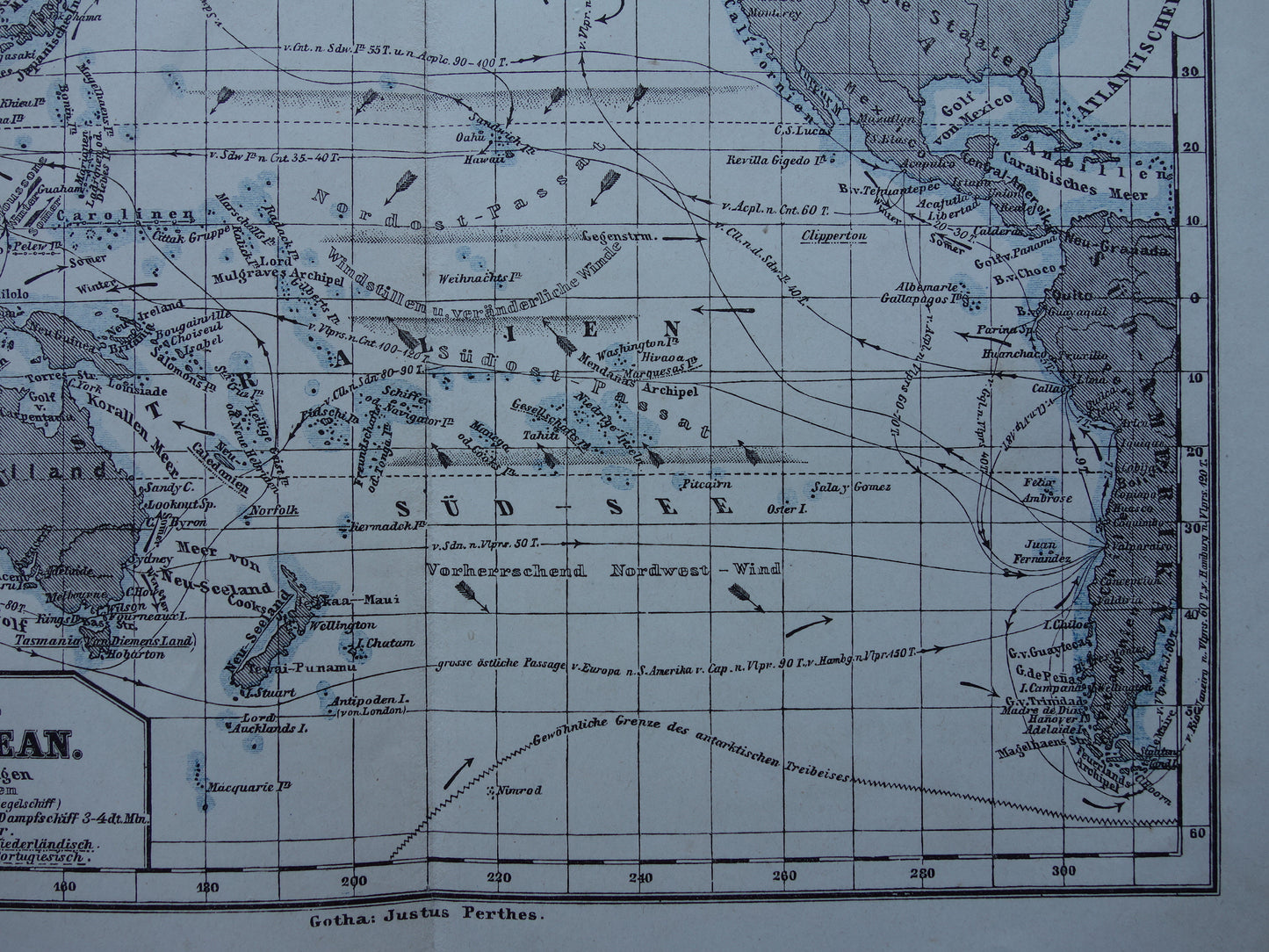 PACIFIC OCEAN map of the Pacific Ocean Pacific Original 150+ year old antique German map nautical chart