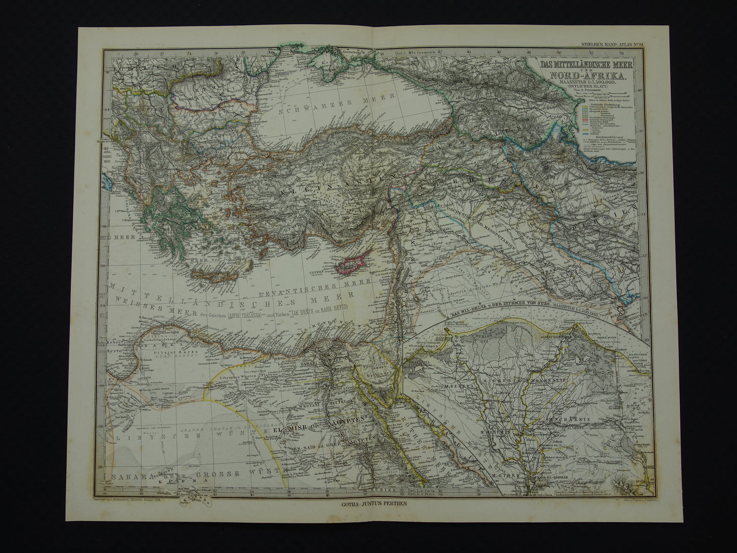 Mediterranean Sea antique map of Mediterranée from 1886 Original 135+ year old hand colored map Italy Greece Spain Turkey North Africa poster M. sea area