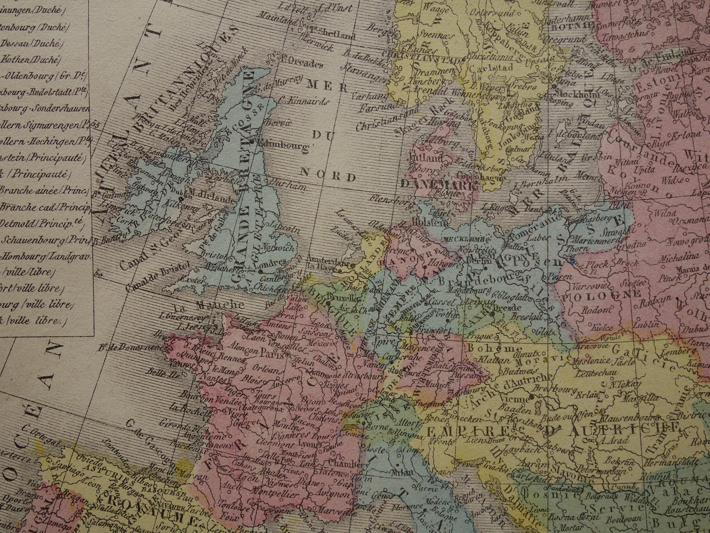 Old map of Europe from 1877 original antique hand-colored map continent Europe