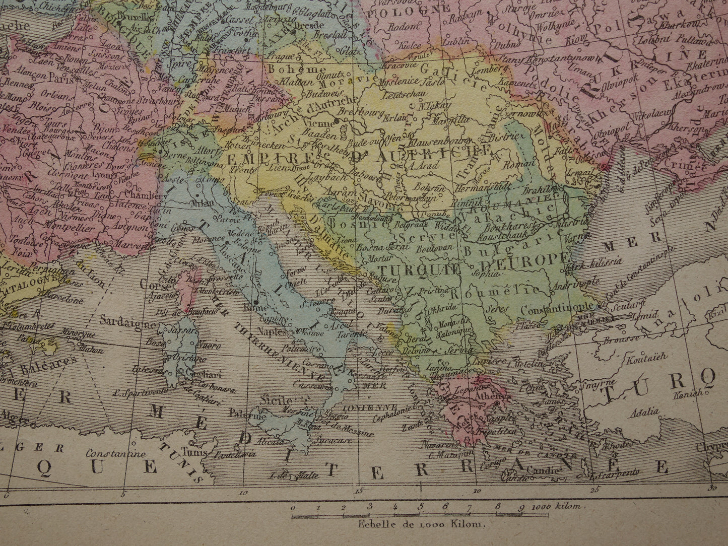 Old map of Europe from 1877 original antique hand-colored map continent Europe