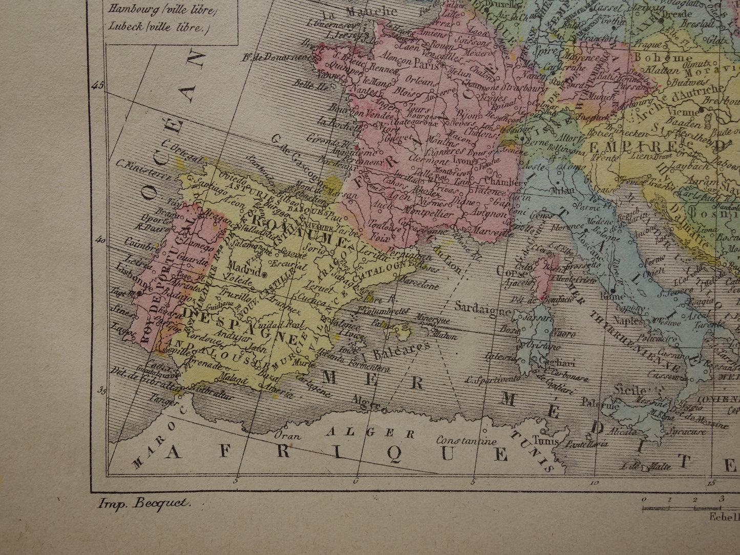 Old map of Europe from 1877 original antique hand-colored map continent Europe