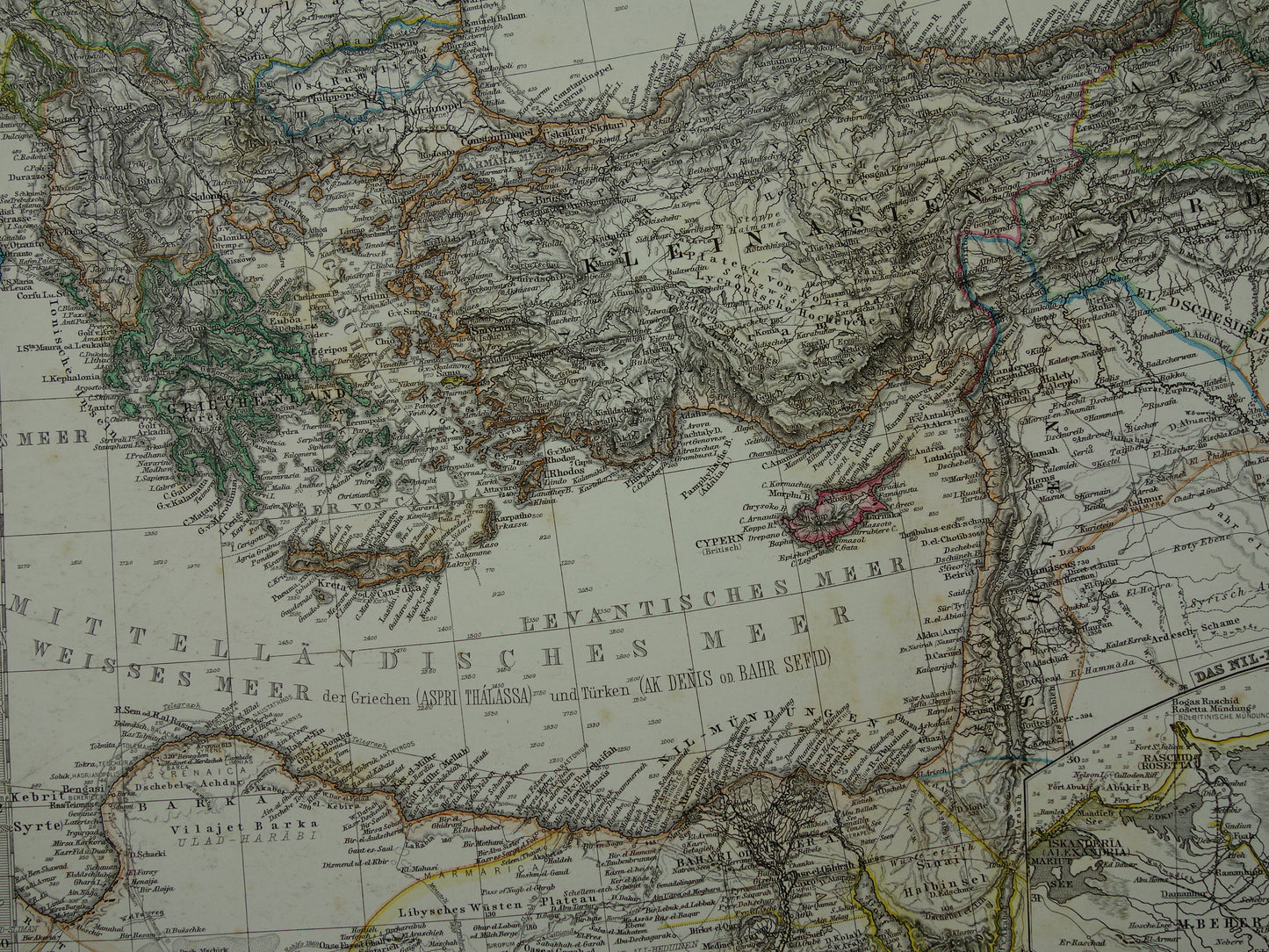 Mediterranean Sea antique map of Mediterranée from 1886 Original 135+ year old hand colored map Italy Greece Spain Turkey North Africa poster M. sea area