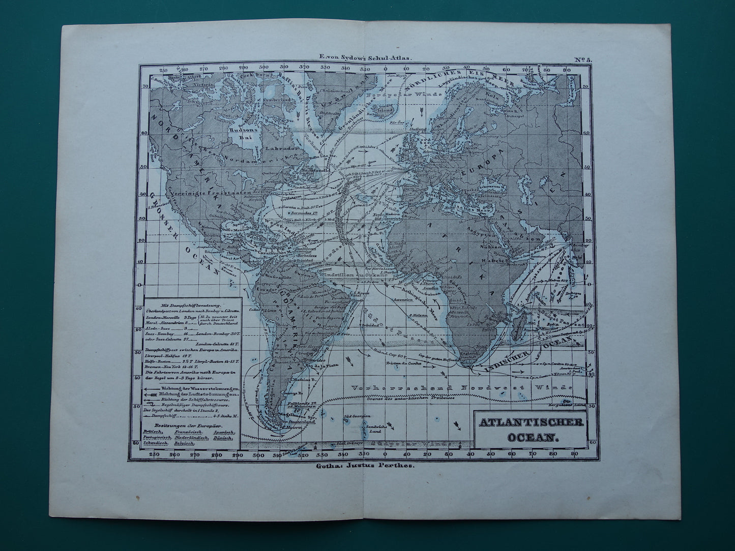 ATLANTIC OCEAN Old map of the Atlantic Ocean Original 150+ year old antique German map sea chart