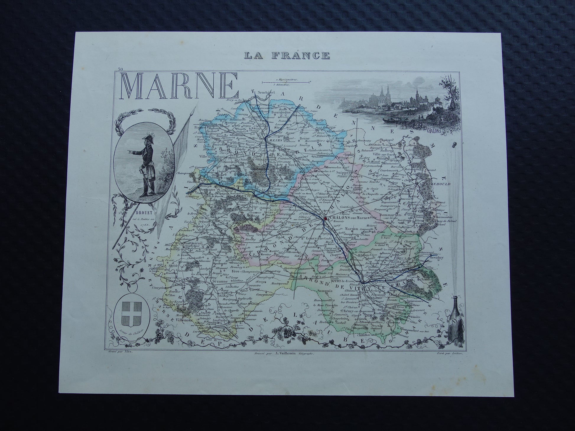 Oude kaart Marne departement in Frankrijk uit 1856 originele antieke handgekleurde landkaart Chalons