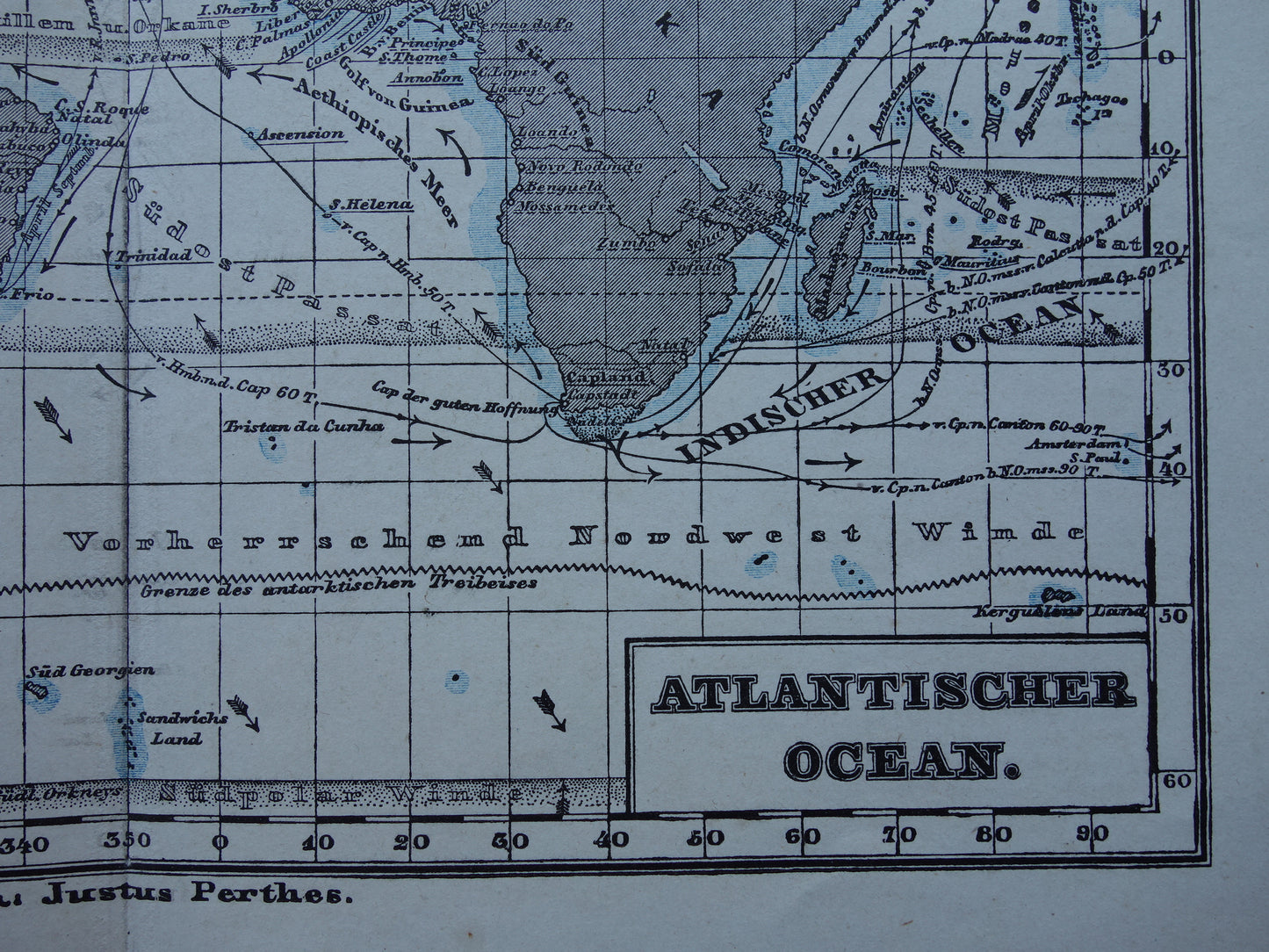 ATLANTIC OCEAN Old map of the Atlantic Ocean Original 150+ year old antique German map sea chart