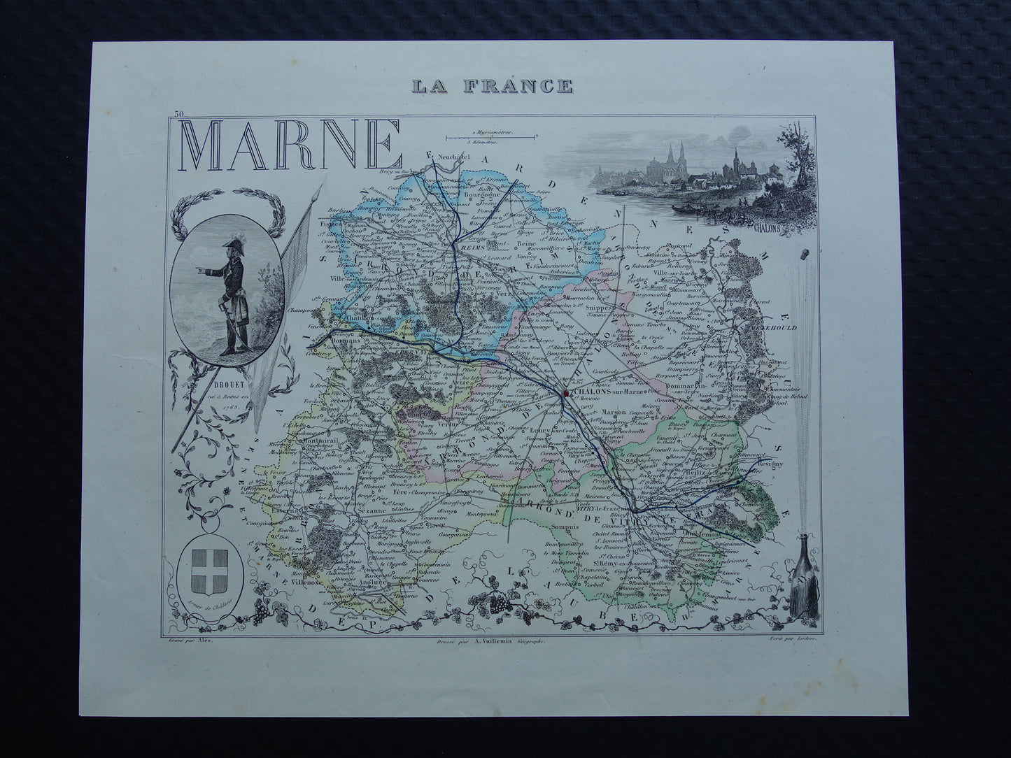 Old map Marne department in France from 1856 original antique hand-colored map Chalons