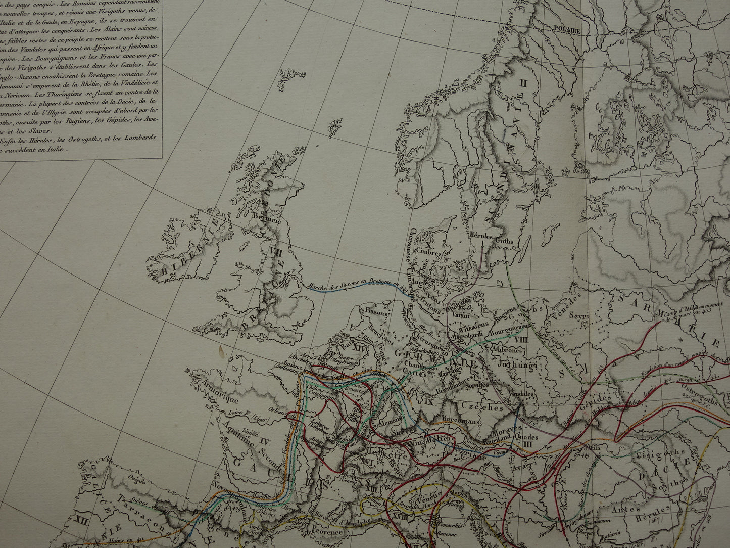 Old map of Europe Great Migration original antique map from 1830 history map