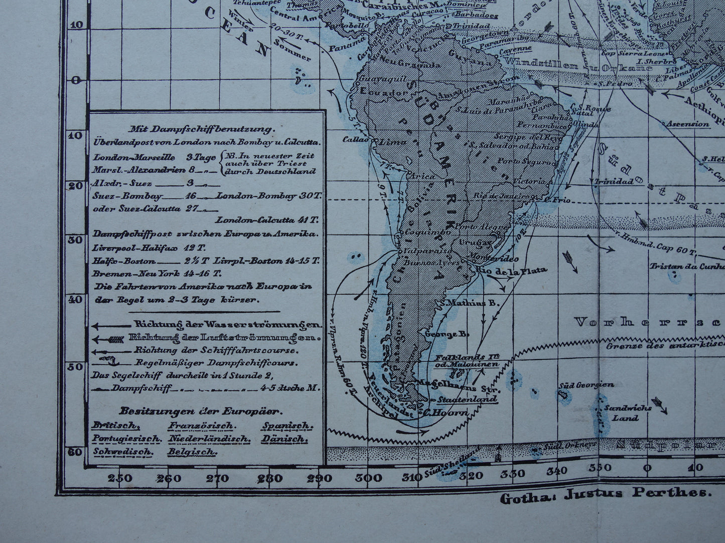 ATLANTIC OCEAN Old map of the Atlantic Ocean Original 150+ year old antique German map sea chart