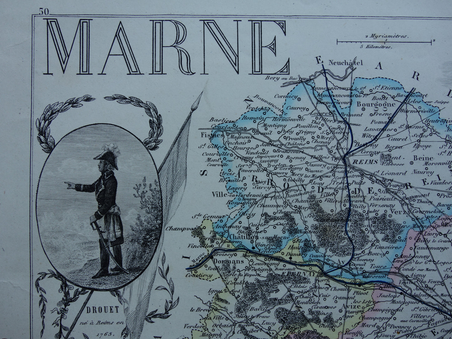 Old map Marne department in France from 1856 original antique hand-colored map Chalons