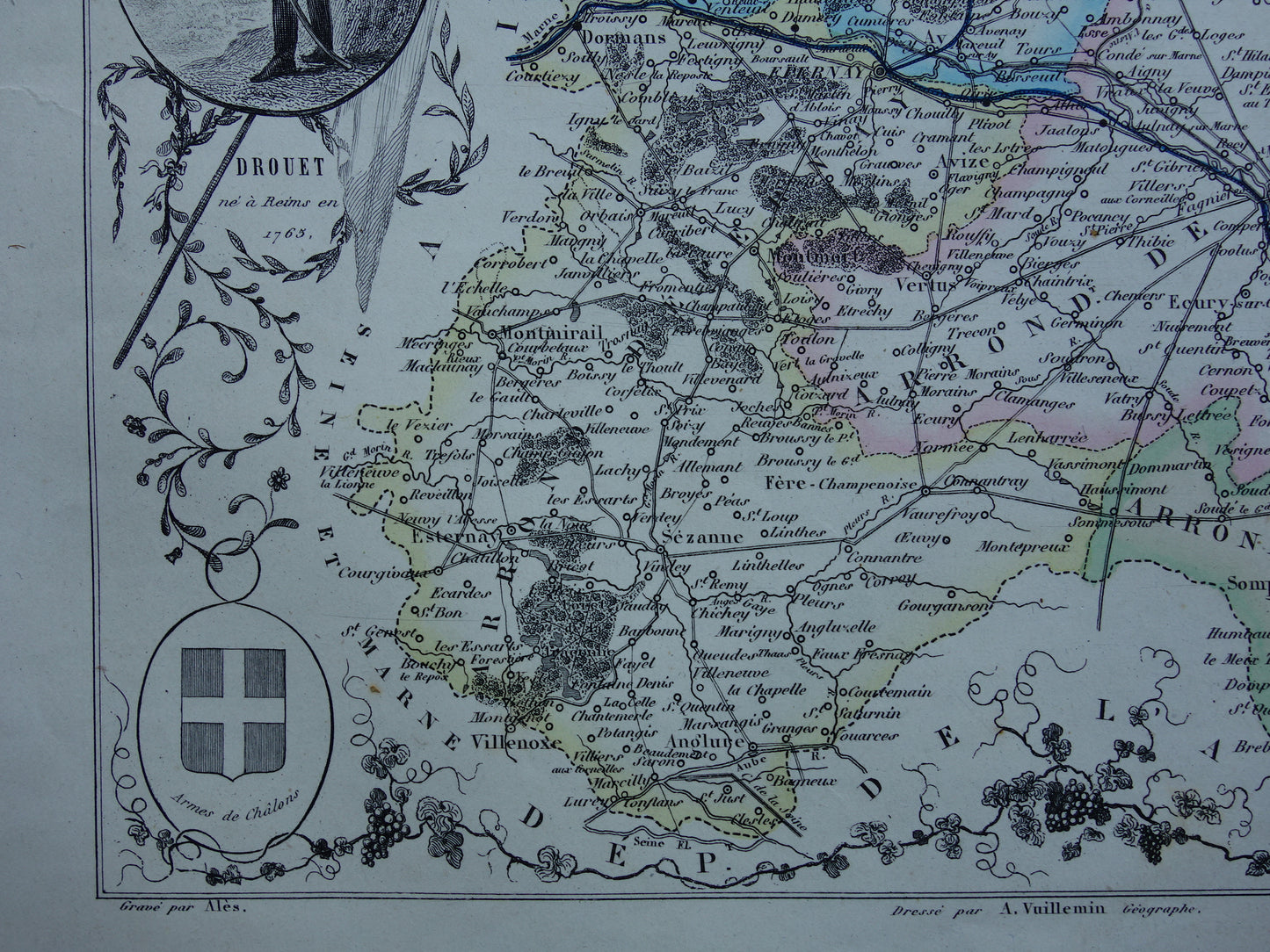 Old map Marne department in France from 1856 original antique hand-colored map Chalons