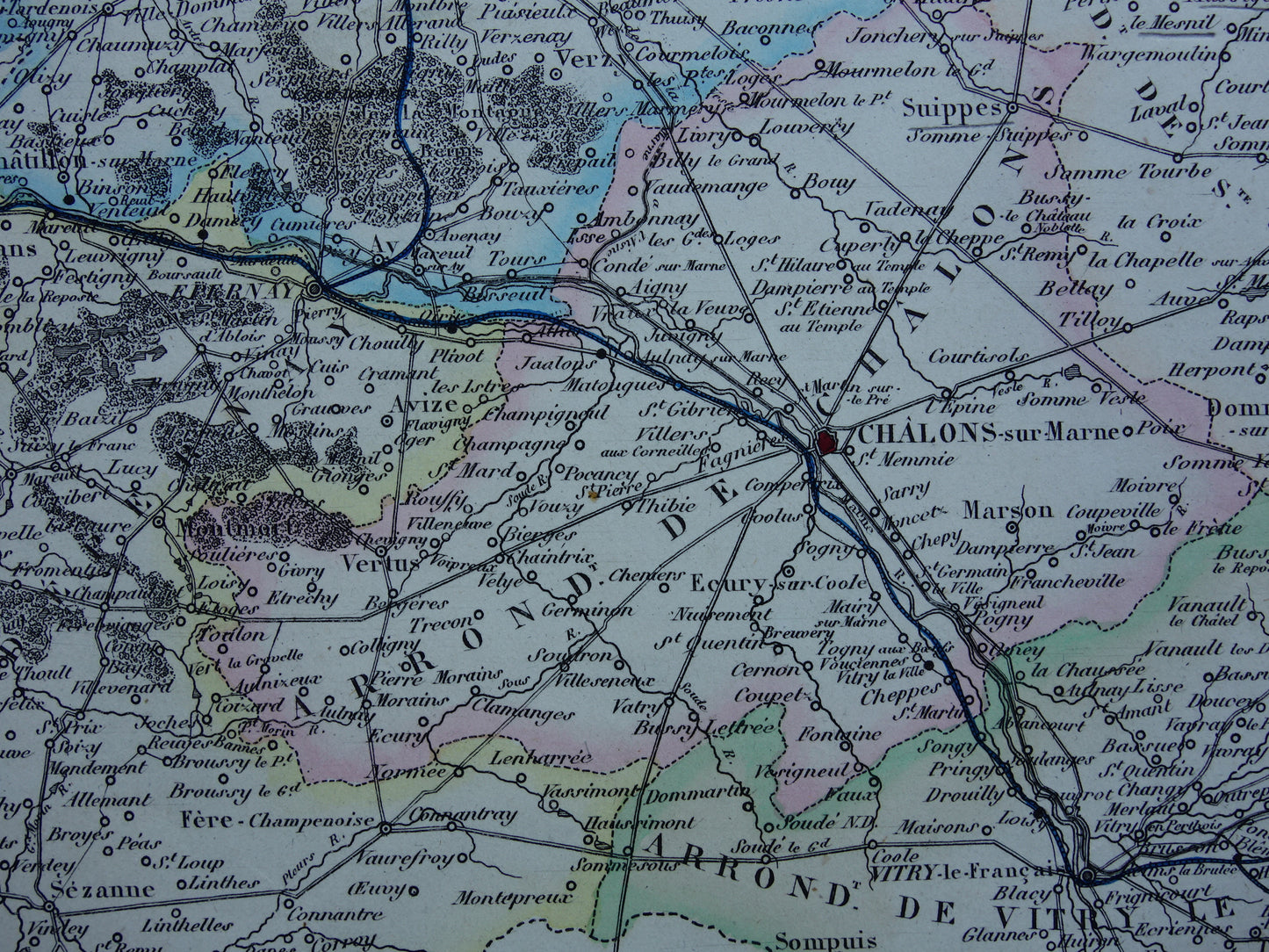Old map Marne department in France from 1856 original antique hand-colored map Chalons