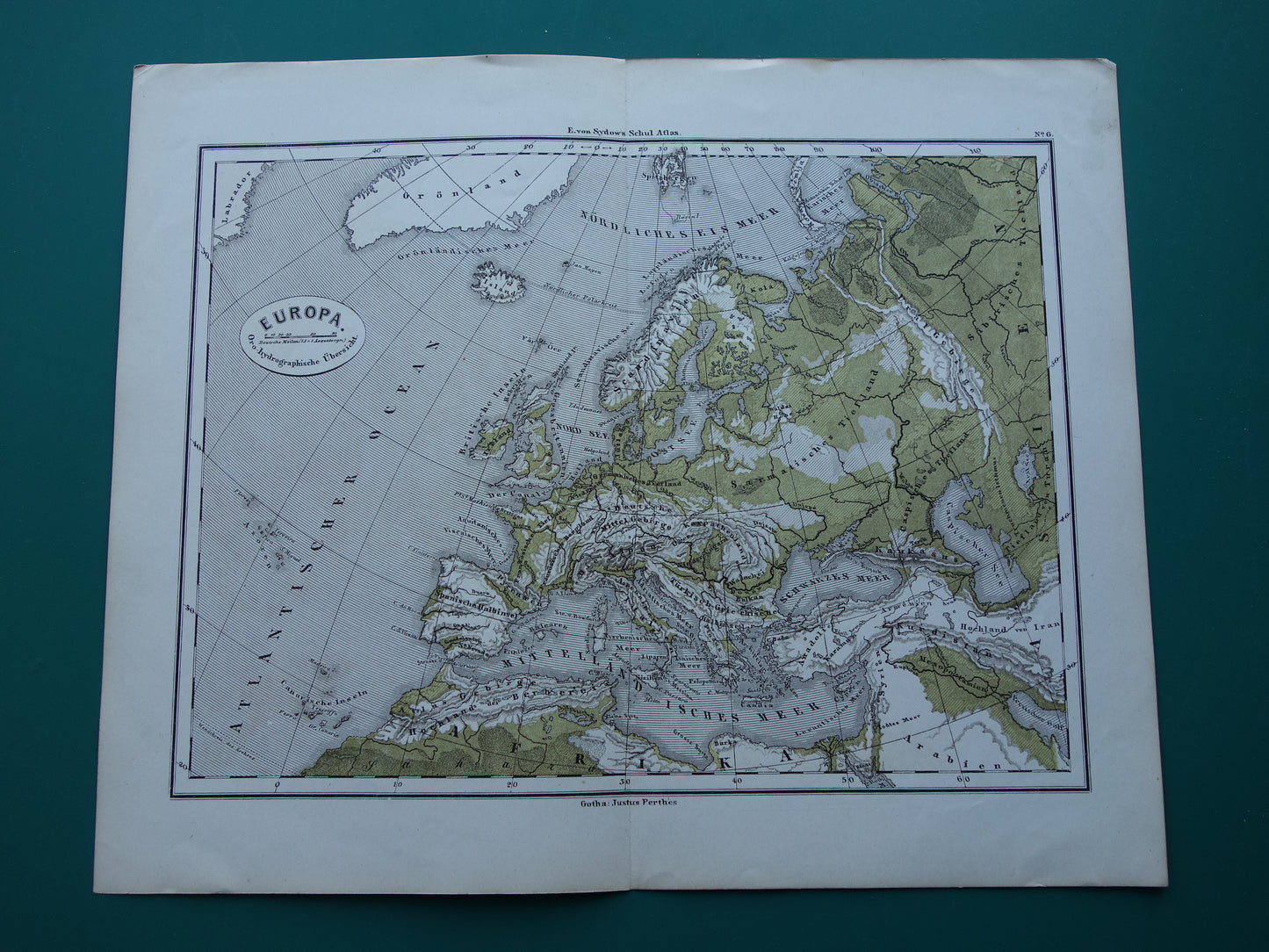 EUROPE antique gold hydrographic map from 1875 old map of rivers and mountains elevation map