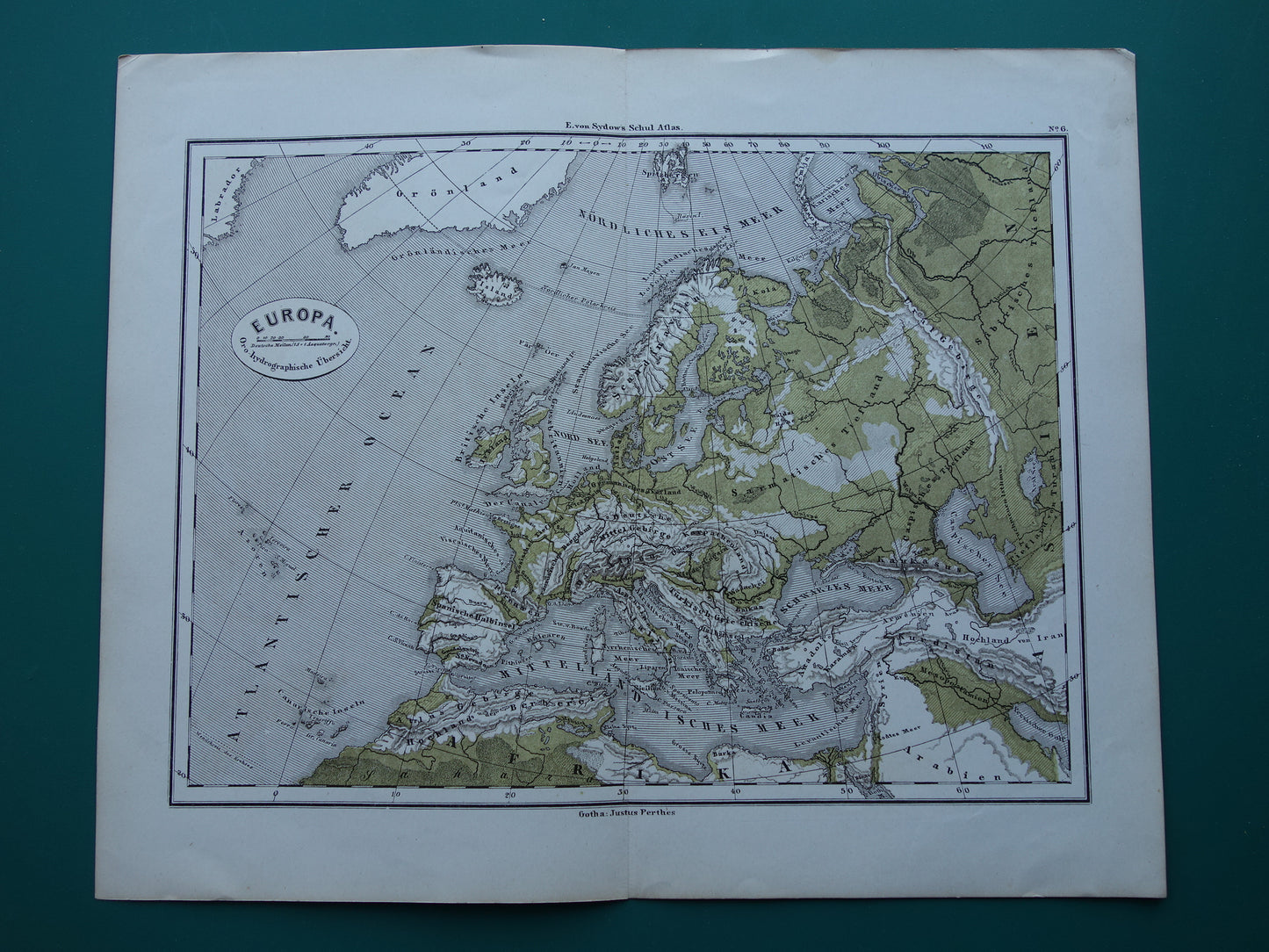 EUROPE antique gold hydrographic map from 1875 old map of rivers and mountains elevation map