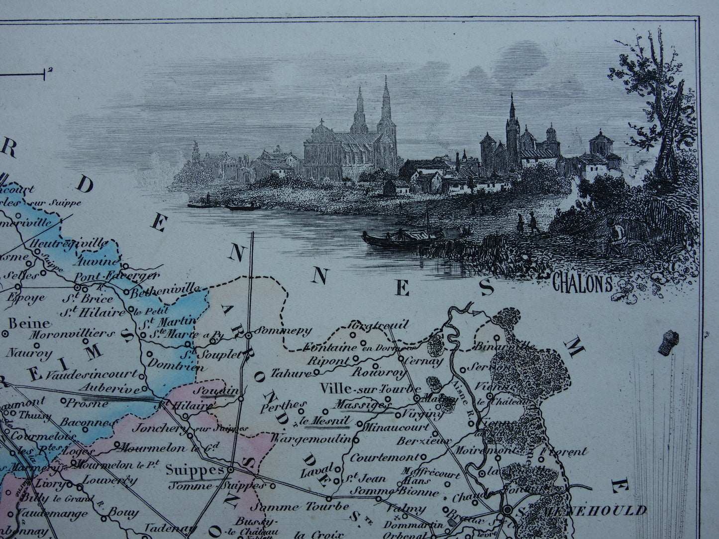 Old map Marne department in France from 1856 original antique hand-colored map Chalons